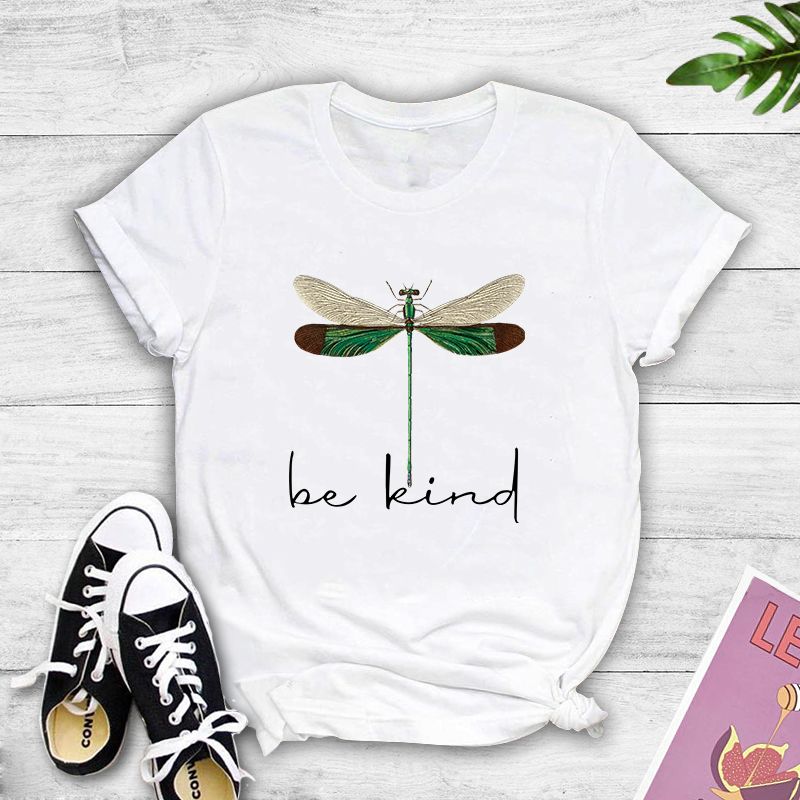 Letter Dragonfly Print Casual Short Sleeve T-shirt