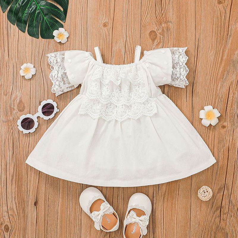 طفل بسيط تنورة حبال الدانتيل الأبيض كم فستان ملابس الأطفال