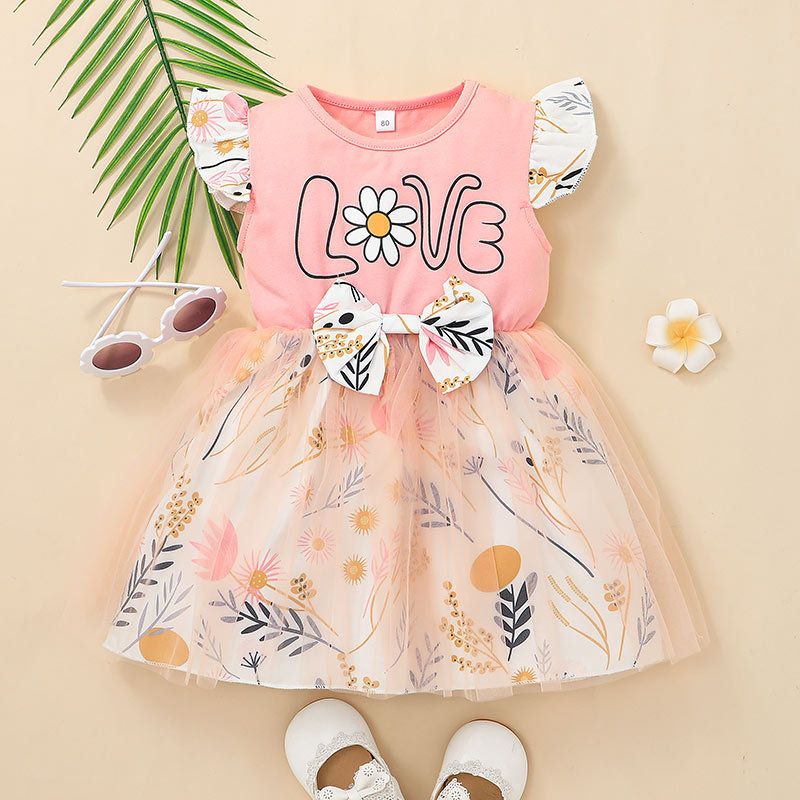 Children's Summer Sweet Girl Flower Dress Letter Print Princess Dress