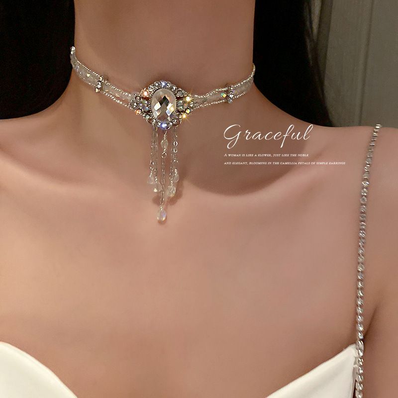 Fashion Exaggerated Necklace With Diamonds And Crystal Rice Bead Necklace