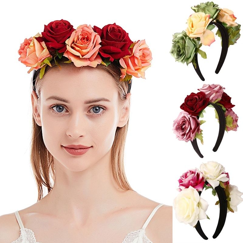 Fashion Simulation Fabric Big Rose Flower Wide Brim Headband
