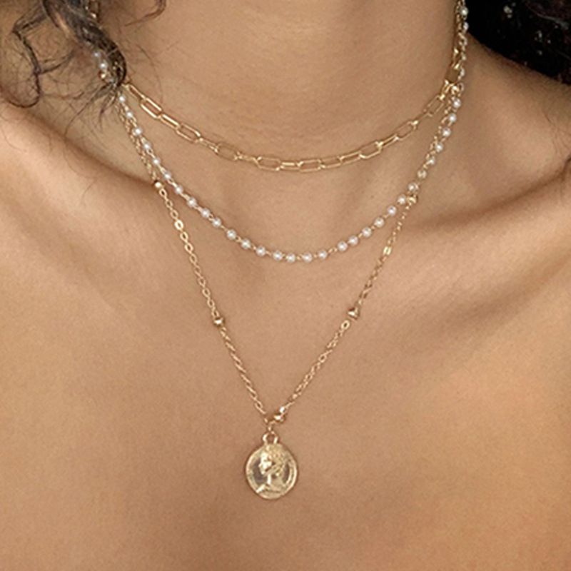 2022 New Creative Simple Women's Portrait Coin Chain Pearl Three-layer Necklace Wholesale