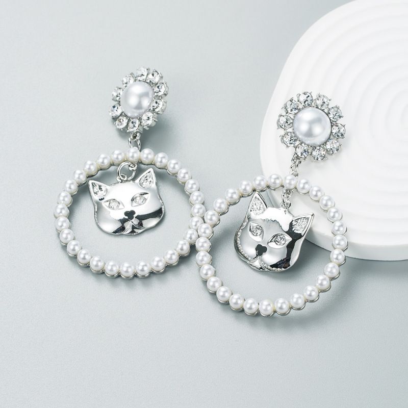Fashion Shiny Alloy Rhinestone Cat Head Ring Pearl Trend Earrings