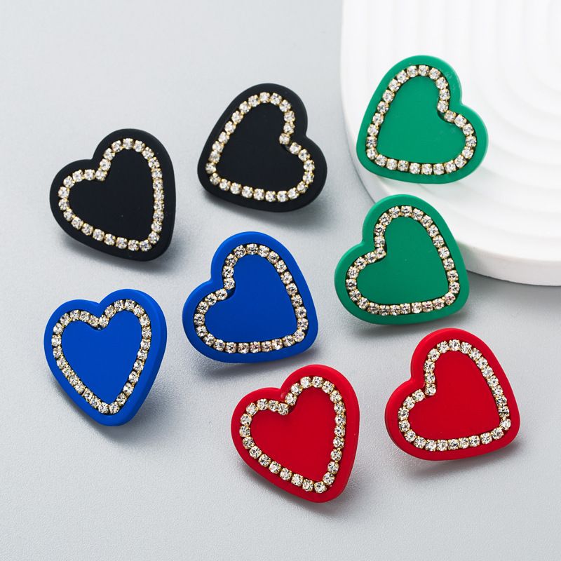 Fashion Contrast Color Inlaid Rhinestone Heart-shaped Earrings
