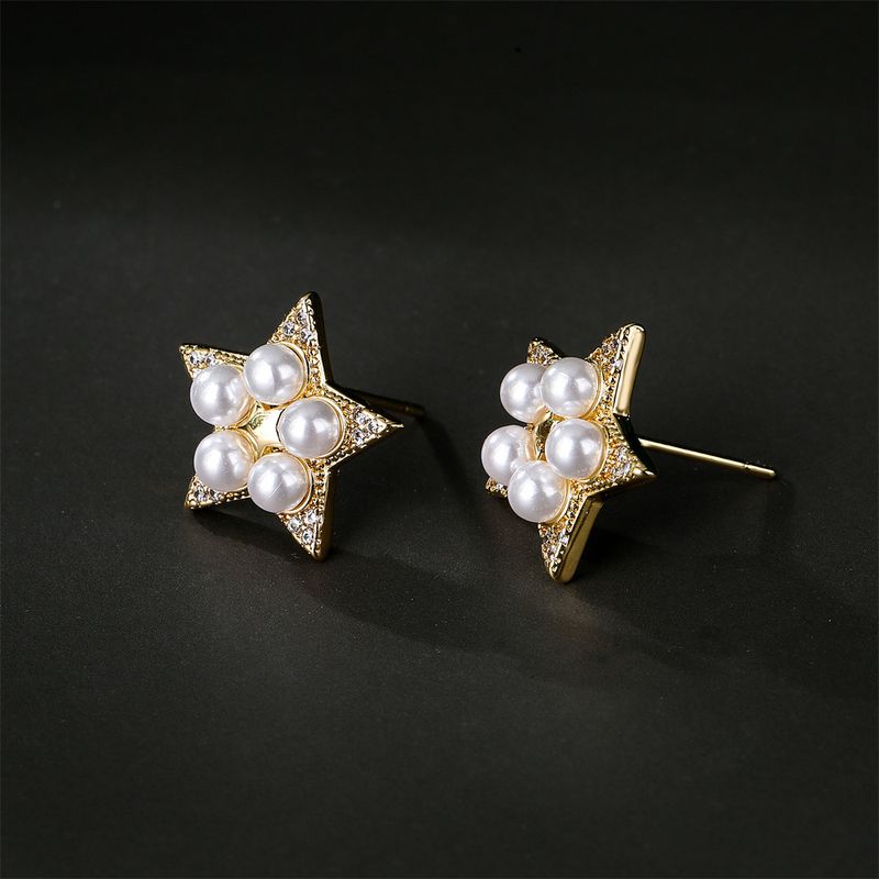 Golden Copper Micro-inlaid Zircon Pearl Five-pointed Star Stud Earrings