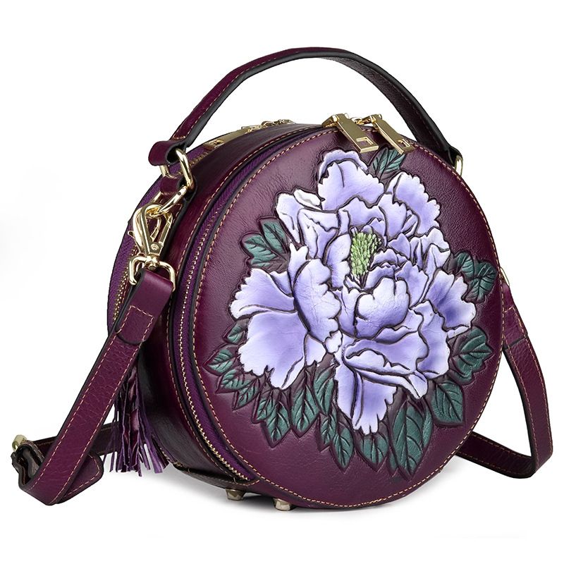 Genuine Leather Embossed Ladies Handbag Round Bucket Bag Tassel Small Round Bag