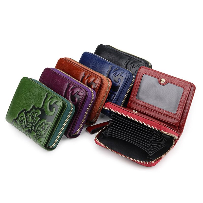 Multifunctional Embossed Wallet New First Layer Oil Wax Leather Ladies Short Wallet