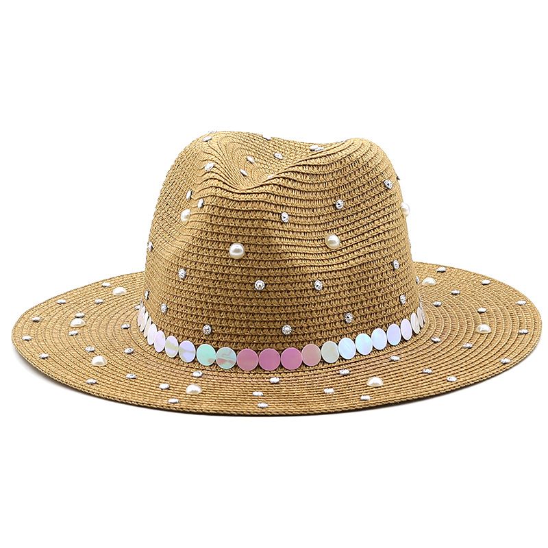 Fashion Outdoor Beach Sun Shade Jazz Straw Hat Pearl Panama Straw Hat