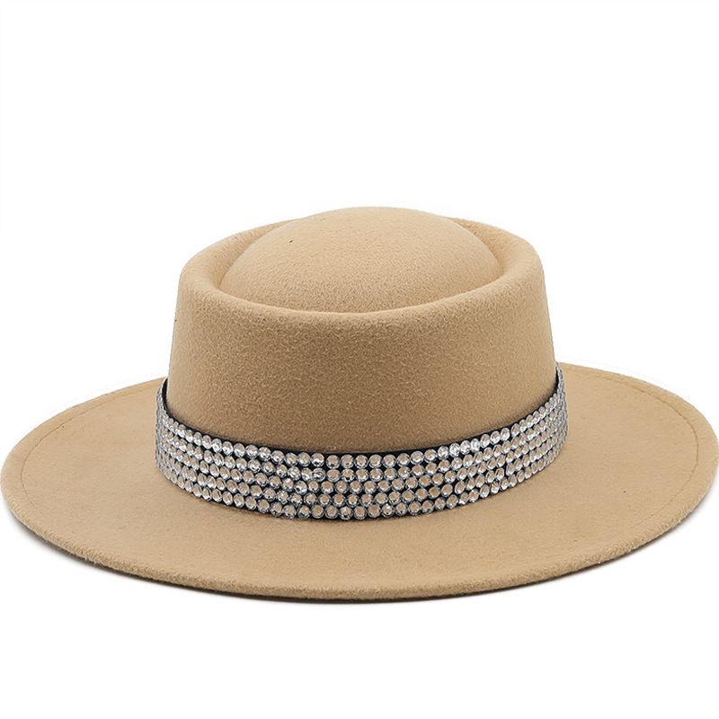Fashion Women's Hat Woolen Big Brim Hat Solid Color Rhinestone Flat-brimmed Top Hat