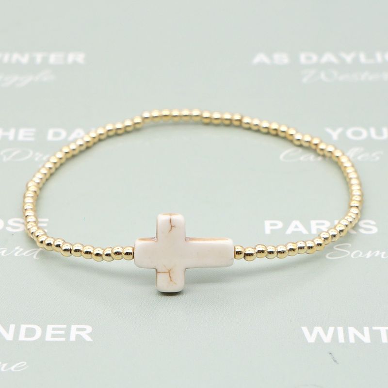 New Simple Acrylic Gold-plated Non-fading Beaded White Turquoise Cross Bracelet