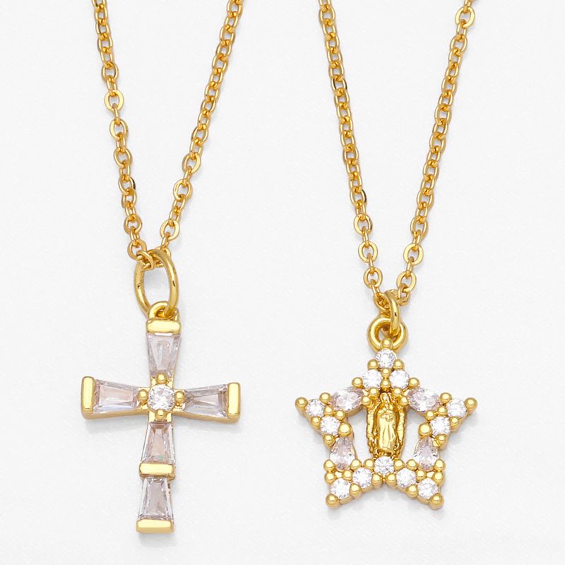 Retro Persönlichkeit Diamant Zirkon Anhänger Schlüsselbein Kette Kupfer Kreuz Halskette
