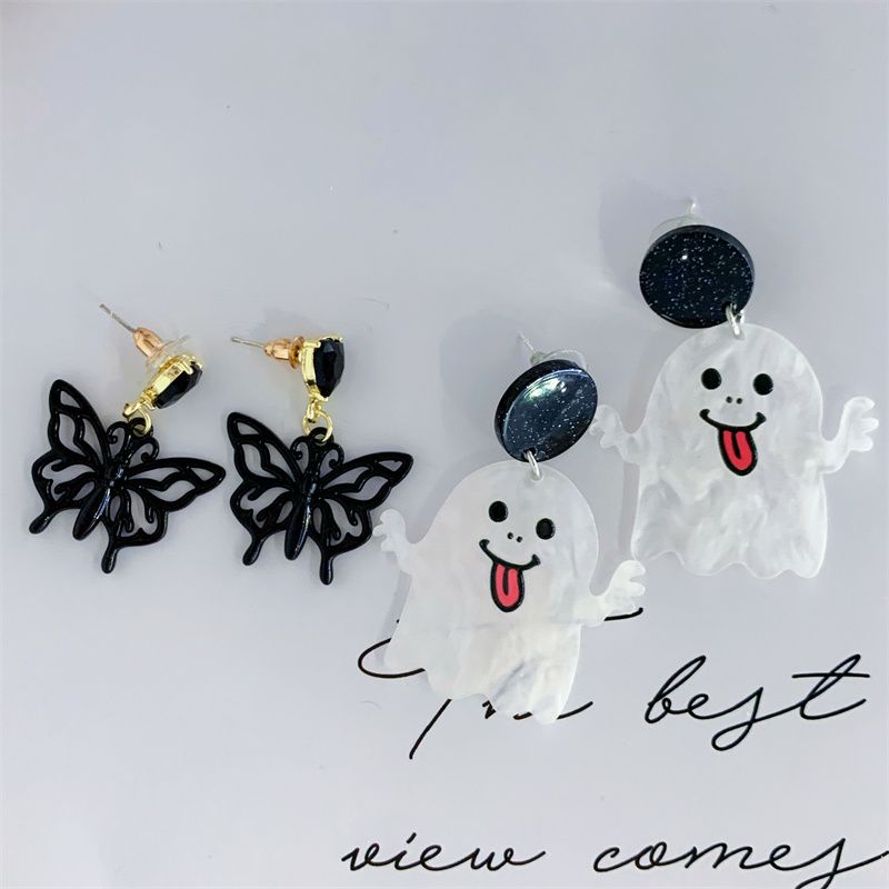 Funny Butterfly Ghost Arylic Hollow Out Inlay Zircon Women's Drop Earrings 1 Pair