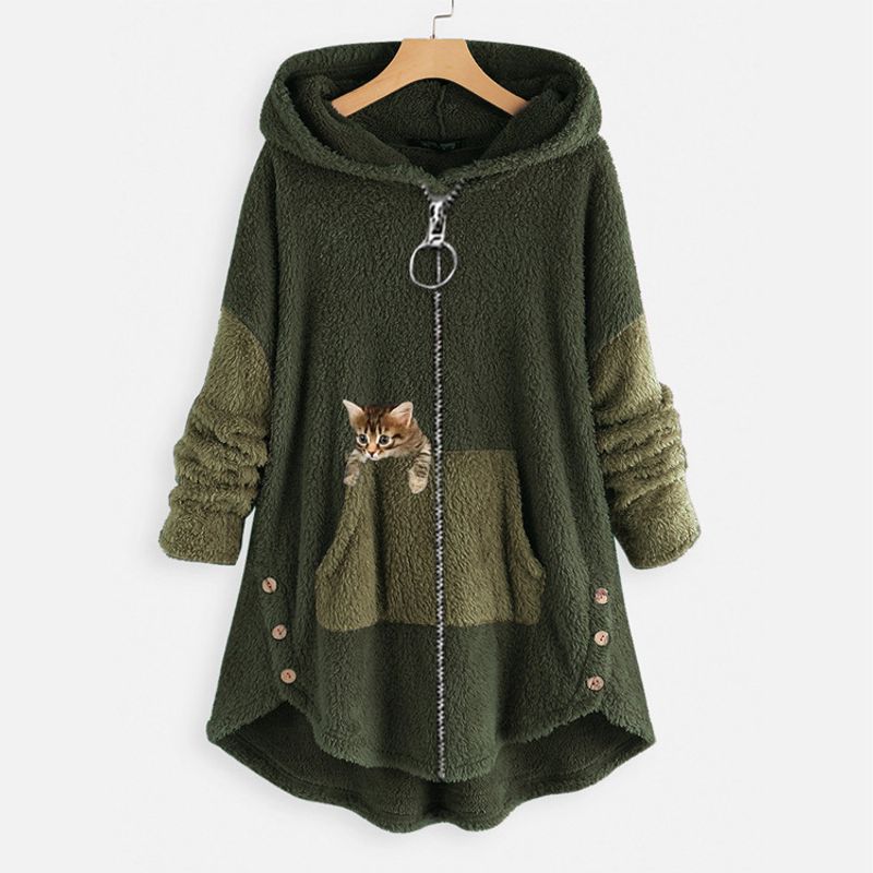 Fashion Cat Solid Color Cotton Blend Polyester Patchwork Coat Polar Fleece Coat