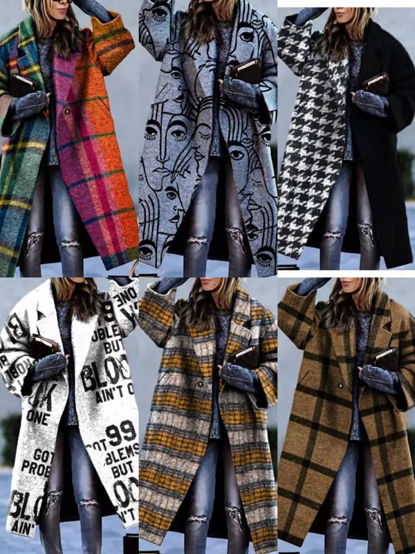 Women's Fashion Plaid Printing Placket Coat Woolen Coat