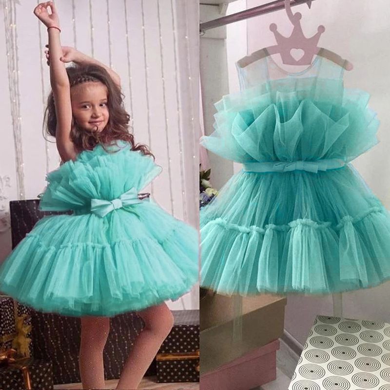 Moda Color Sólido Lazo Mezcla De Algodón Poliéster Vestidos Para Niñas