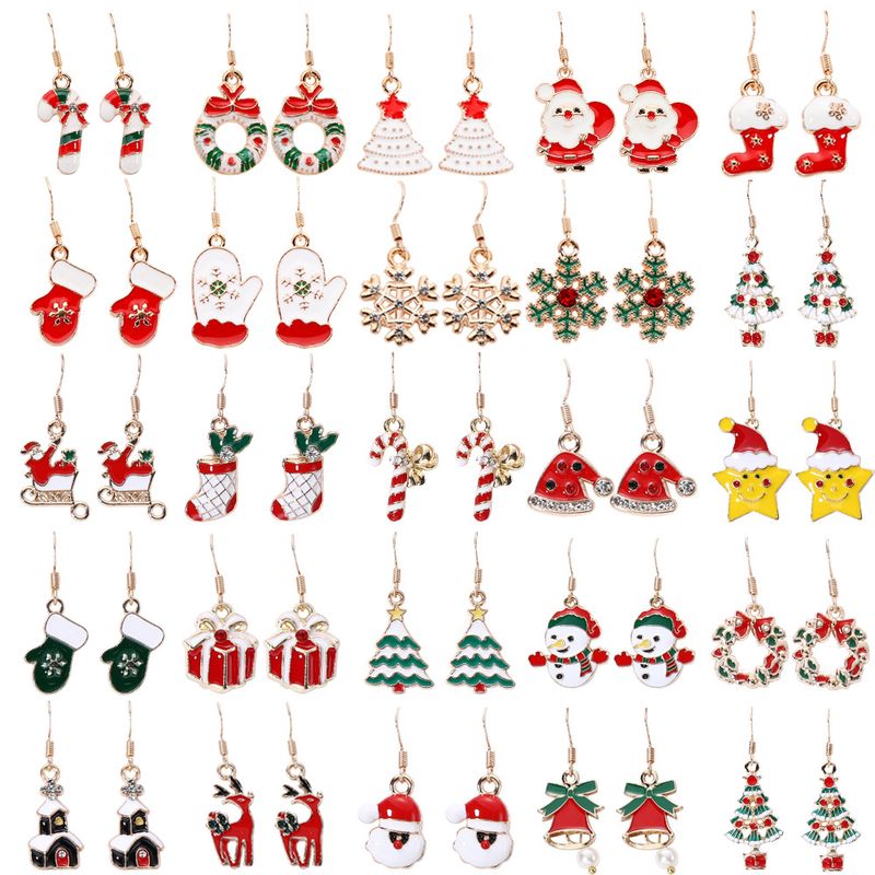 Moda Árbol De Navidad Copo De Nieve Alce Plateado Esmalte Mujeres Aretes 1 Par