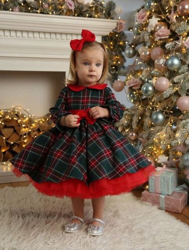 Christmas Princess Color Block Bow Knot Cotton Girls Dresses