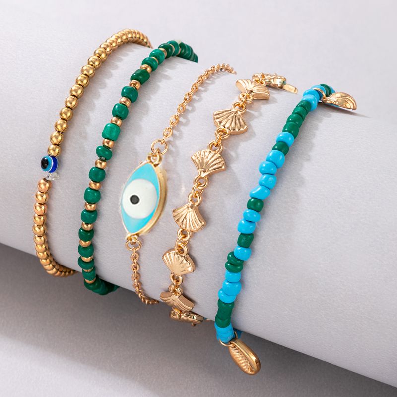 Fashion Devil's Eye Shell Alloy Beaded Women's Anklet 5 Pieces