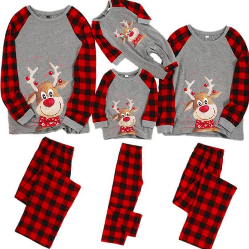 Mode Plaid Reh Polyacrylnitril-faser Patchwork Hosen-sets Familie Passenden Outfits