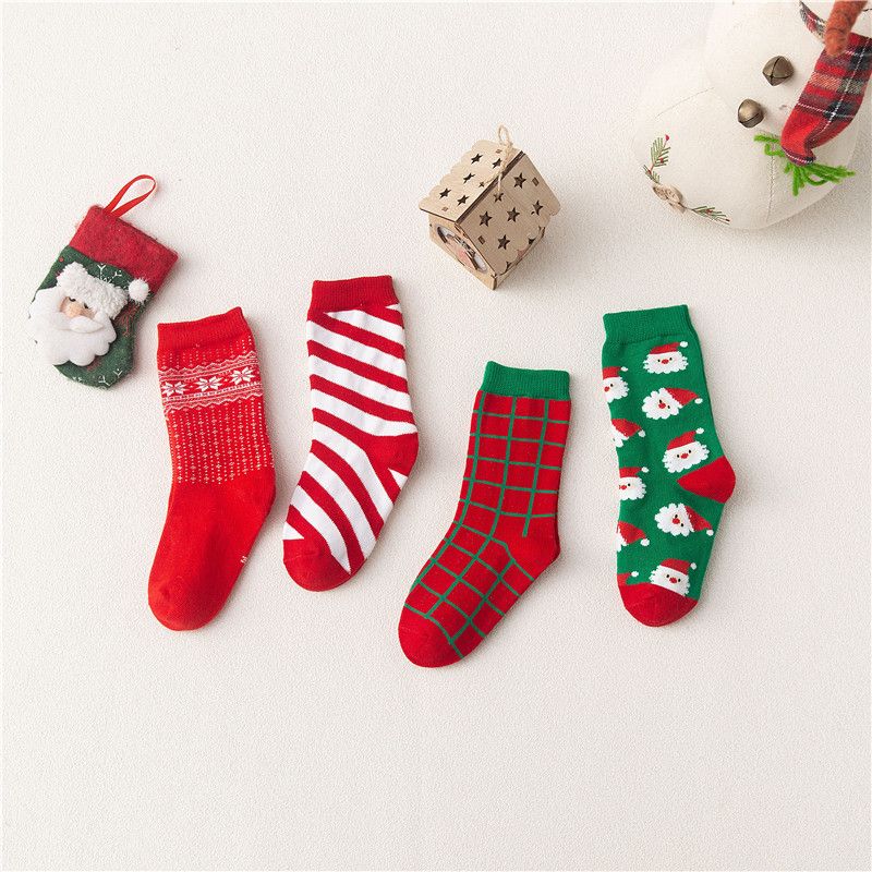 Kid's Retro Santa Claus Stripe Plaid Cotton Crew Socks 4 Piece Set