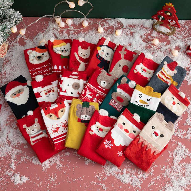 Femmes Mignon Père Noël Ours Flocon De Neige Coton Crew Socks