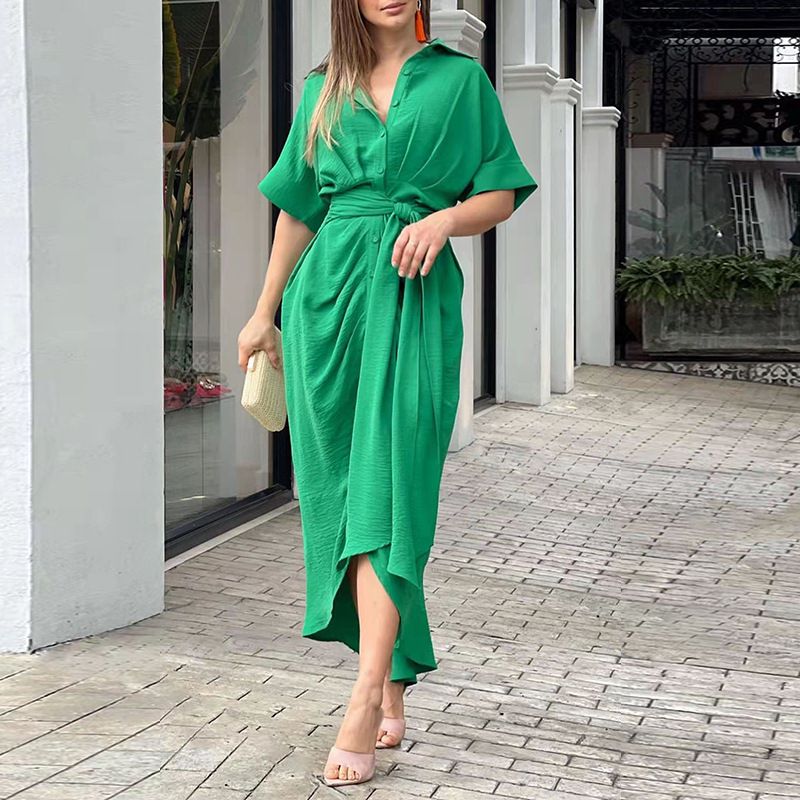 Women's Shirt Dress Fashion Turndown Short Sleeve Solid Color Midi Dress Street