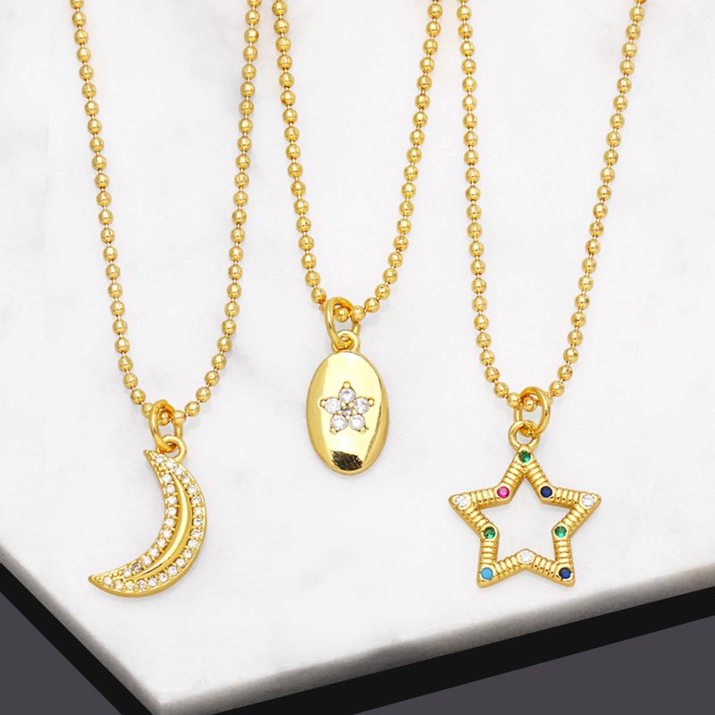 Mode Pentagramm Mond Kupfer Vergoldet Zirkon Halskette Mit Anhänger 1 Stück