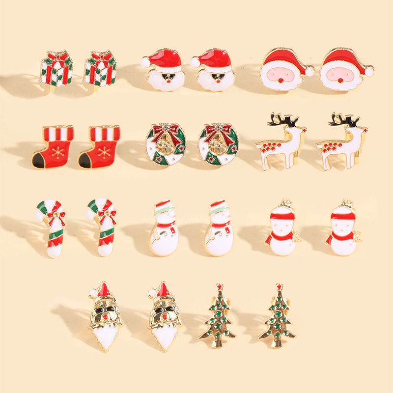 Cute Christmas Tree Santa Claus Snowman Alloy Enamel Women's Earrings 11 Pairs