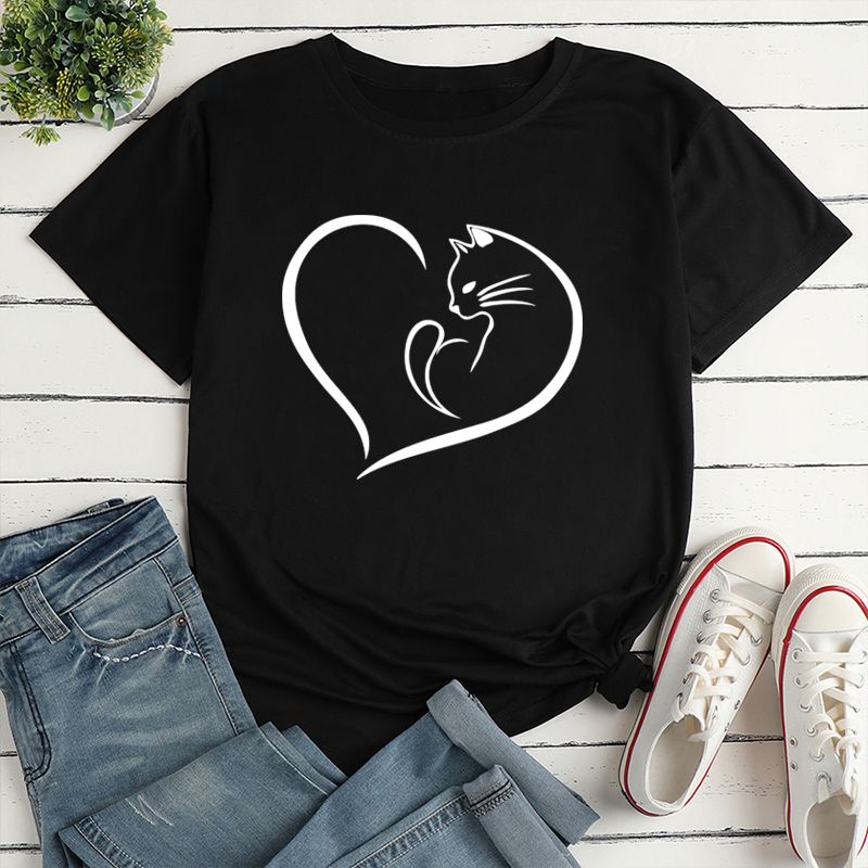 Unisex T-shirt Short Sleeve T-shirts Printing Simple Style Heart Shape Cat
