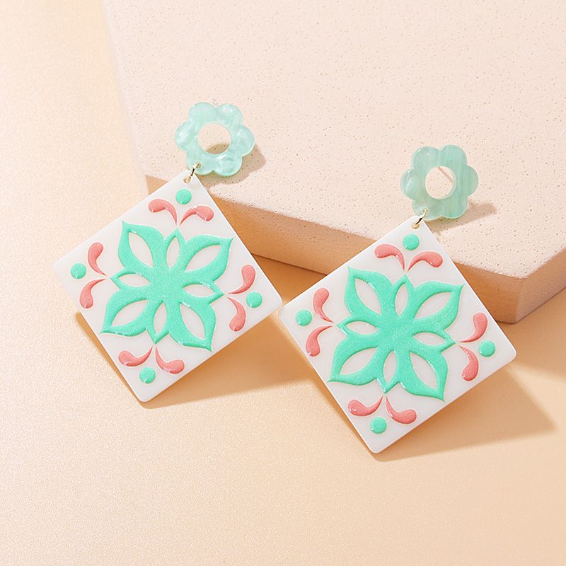 Fashion Color Block Flower Arylic Printing Women's Drop Earrings 1 Pair
