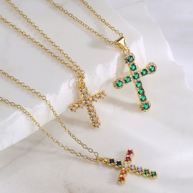 Mode Kreuzen Kupfer Vergoldet Zirkon Halskette Mit Anhänger 1 Stück