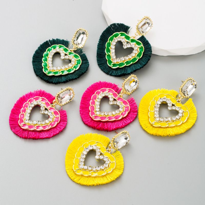 Ethnic Style Tassel Heart Shape Alloy Rhinestone Women's Drop Earrings 1 Pair