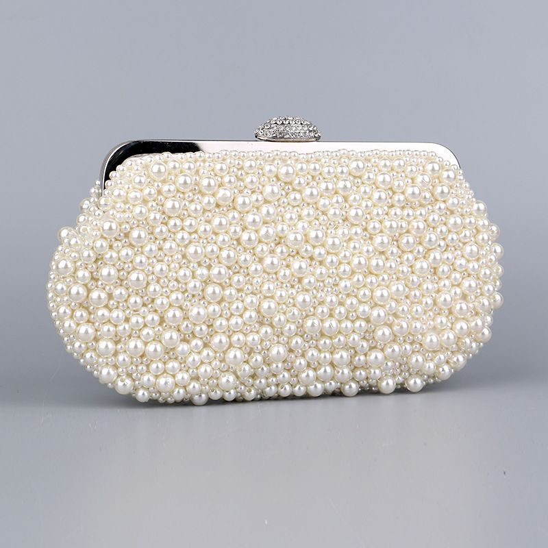 White Pu Leather Polyester Solid Color Pearls Shell Clutch Evening Bag