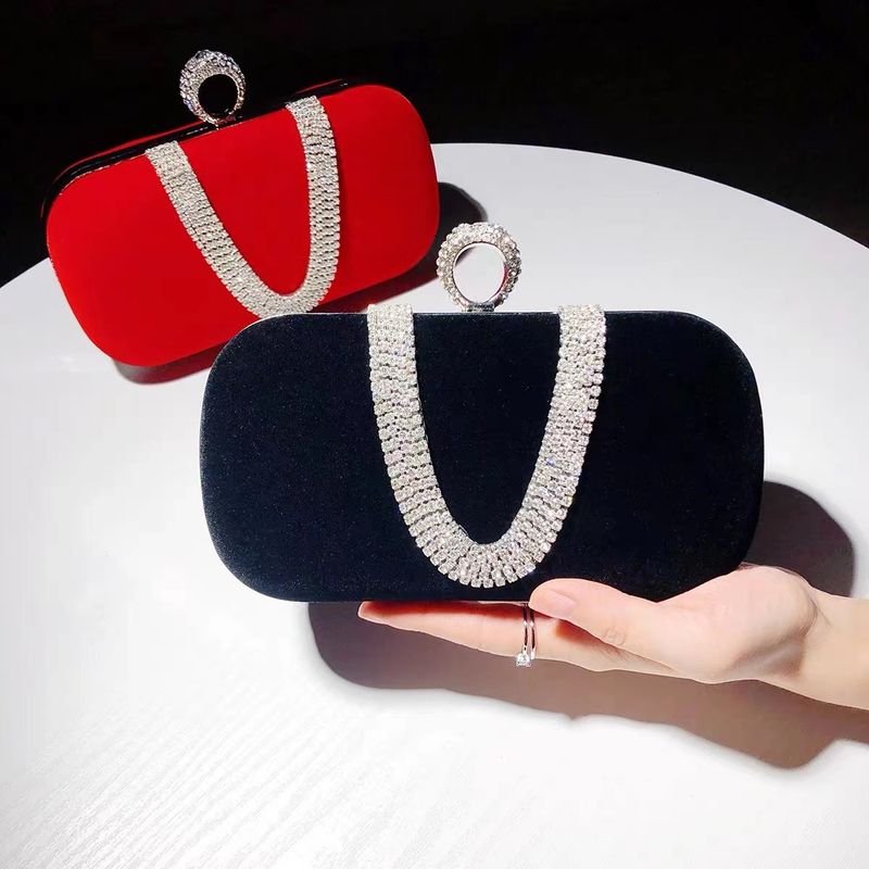 Black Red Pu Leather Solid Color Rhinestone Square Clutch Evening Bag