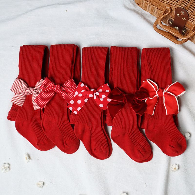 Christmas Cute Solid Color Bowknot Cotton Pants & Leggings