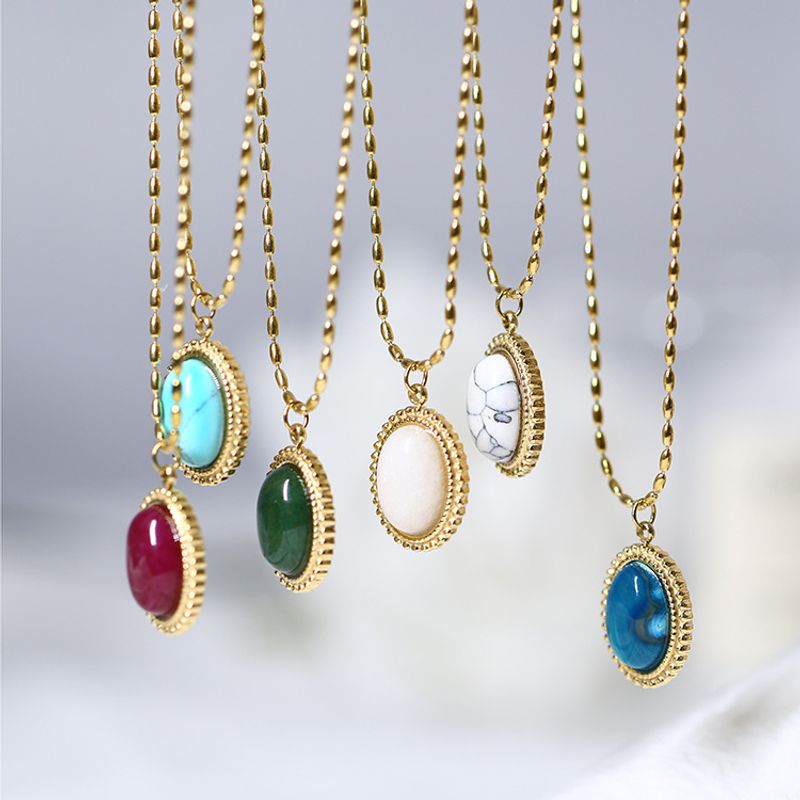 Fashion Round Water Droplets Stainless Steel Titanium Steel Inlay Turquoise Opal Pendant Necklace 1 Piece