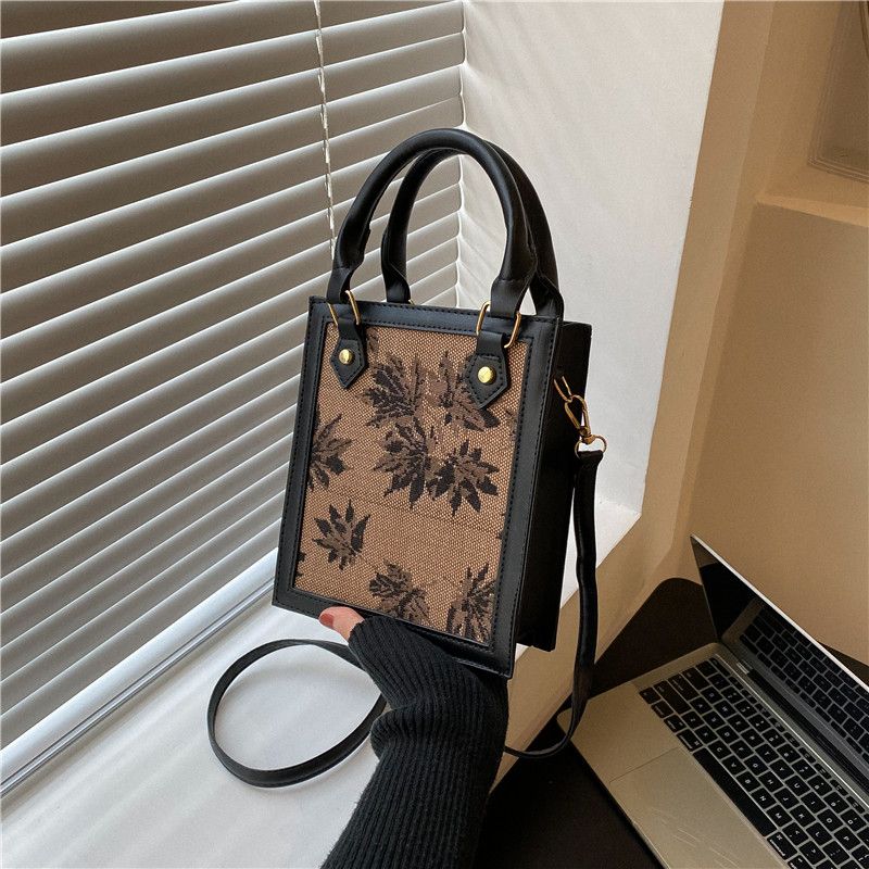 Women's Autumn Pu Leather Canvas Maple Leaf Vintage Style Square Zipper Handbag