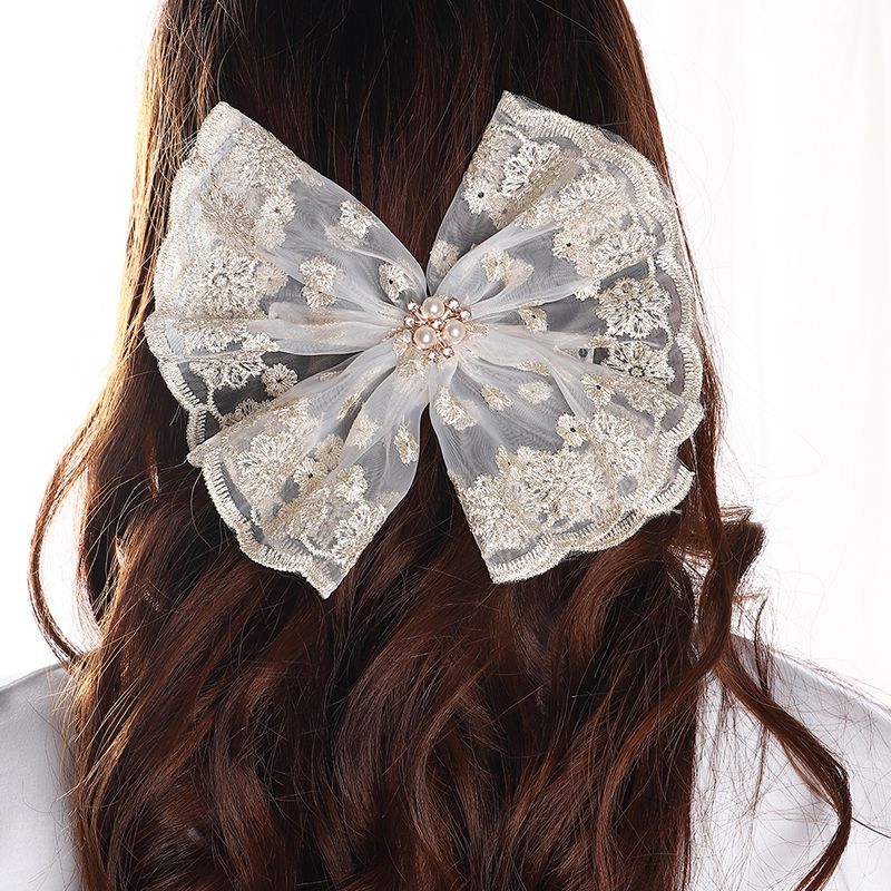 Sweet Bow Knot Imitation Pearl Cloth Lace Hair Clip 1 Piece