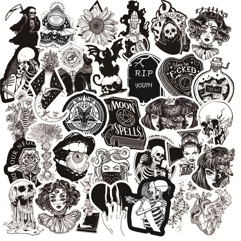 Black And White Gothic Style Stickers Witch Skull Graffiti Stickers
