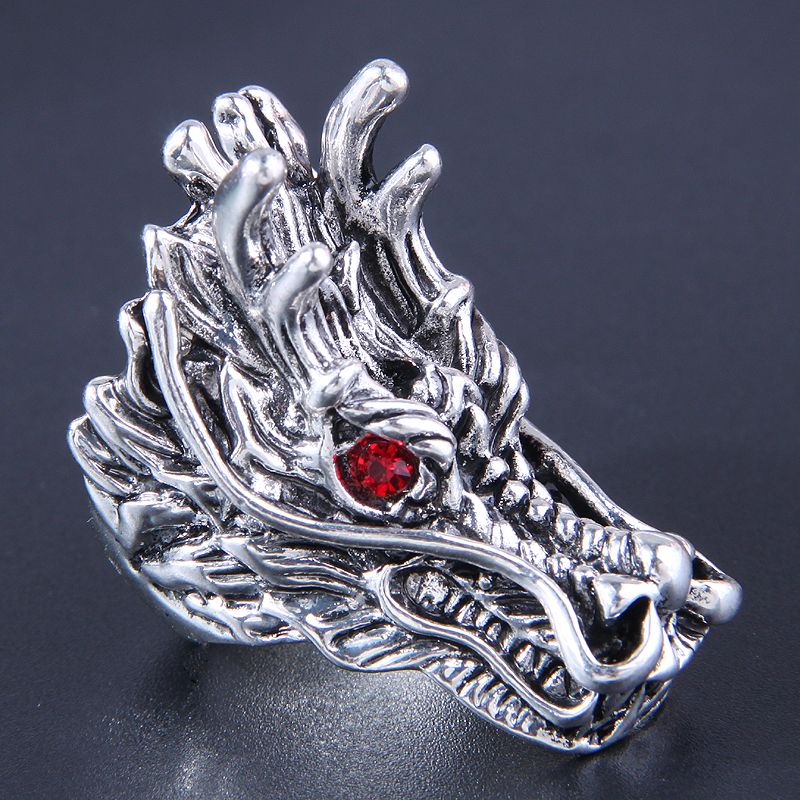 Retro Animal Dragon Alloy Carving Rhinestones Men's Rings 1 Piece