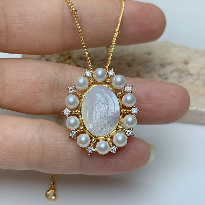 Mode Vierge Marie Le Cuivre Incruster Perles Artificielles Coquille Collier 1 Pièce
