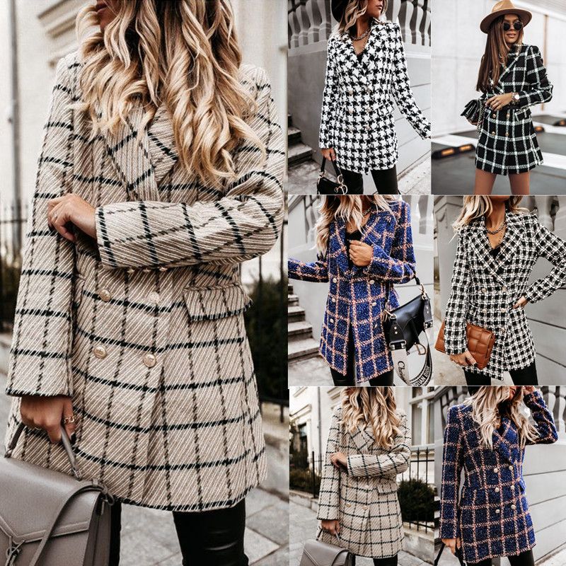 Women's Streetwear Houndstooth Plaid Printing Patchwork Single Breasted Woolen Coat