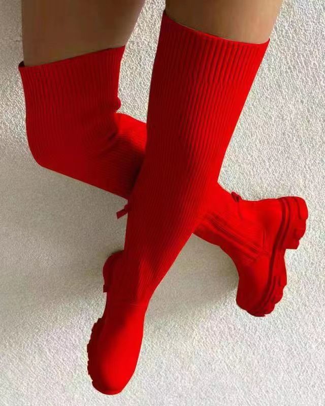 Femmes Mode Couleur Unie Bout Rond Bottes-chaussettes
