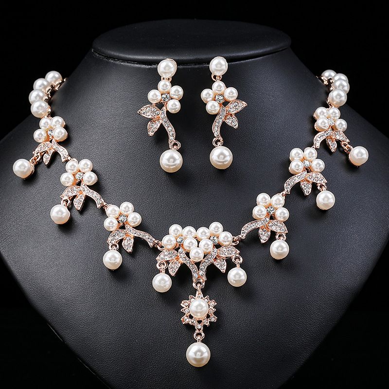 Luxurious Leaves Alloy Plating Artificial Pearls Rhinestones Women's Earrings Necklace