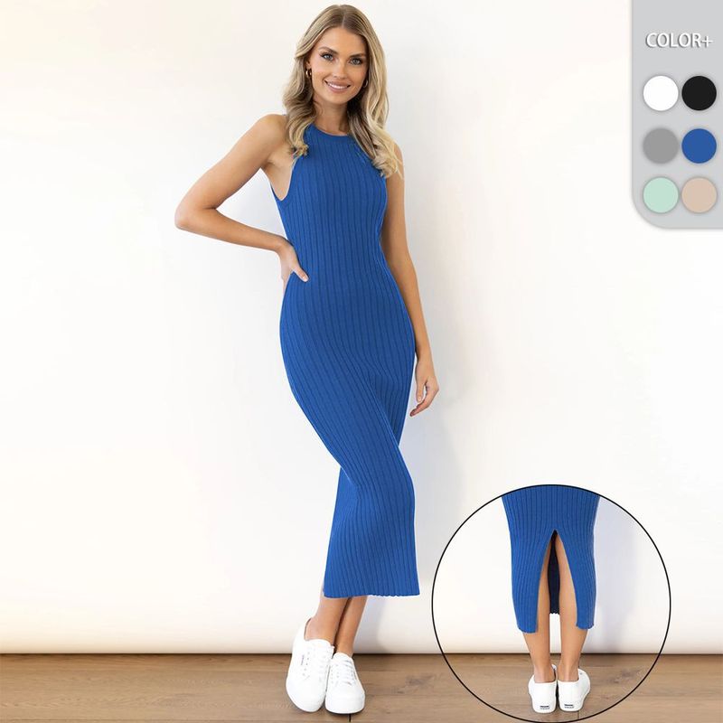 Women's A-line Skirt Casual Round Neck Knitted Sleeveless Solid Color Midi Dress Daily