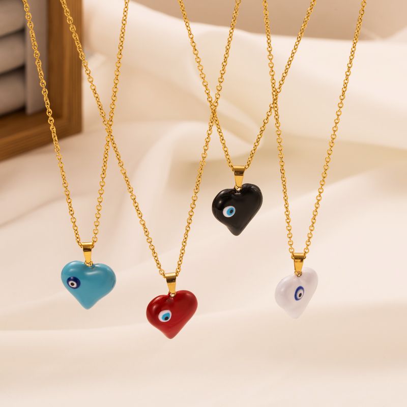 Estilo Clásico Ojo Del Diablo Forma De Corazón Acero Titanio Esmalte Chapado En Oro Circón Collar Colgante 1 Pieza