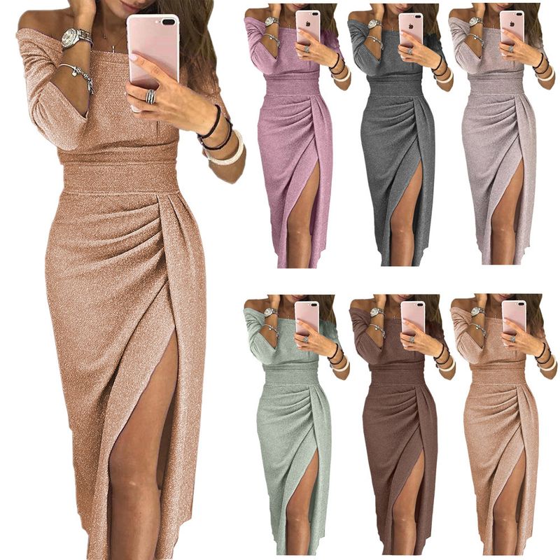 Women's Slit Dress Sexy Boat Neck Patchwork 3/4 Length Sleeve Solid Color Midi Dress Banquet