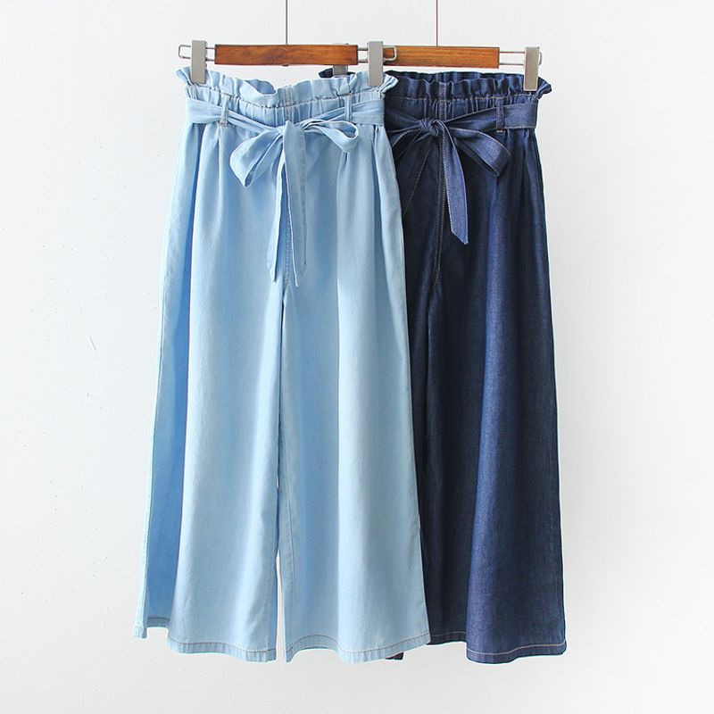 Fashion Solid Color Cotton Ankle-length Washed Wide Leg Pants