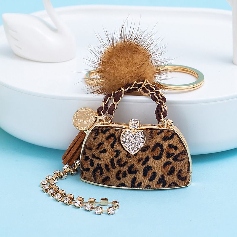 Retro Bag Heart Shape Leopard Pu Leather Inlay Rhinestones Women's Bag Pendant Keychain