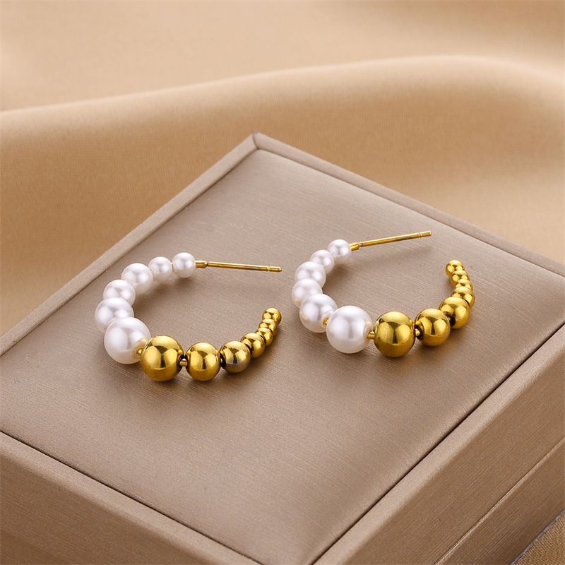 1 Pair Fashion C Shape Plating Imitation Pearl Titanium Steel Earrings
